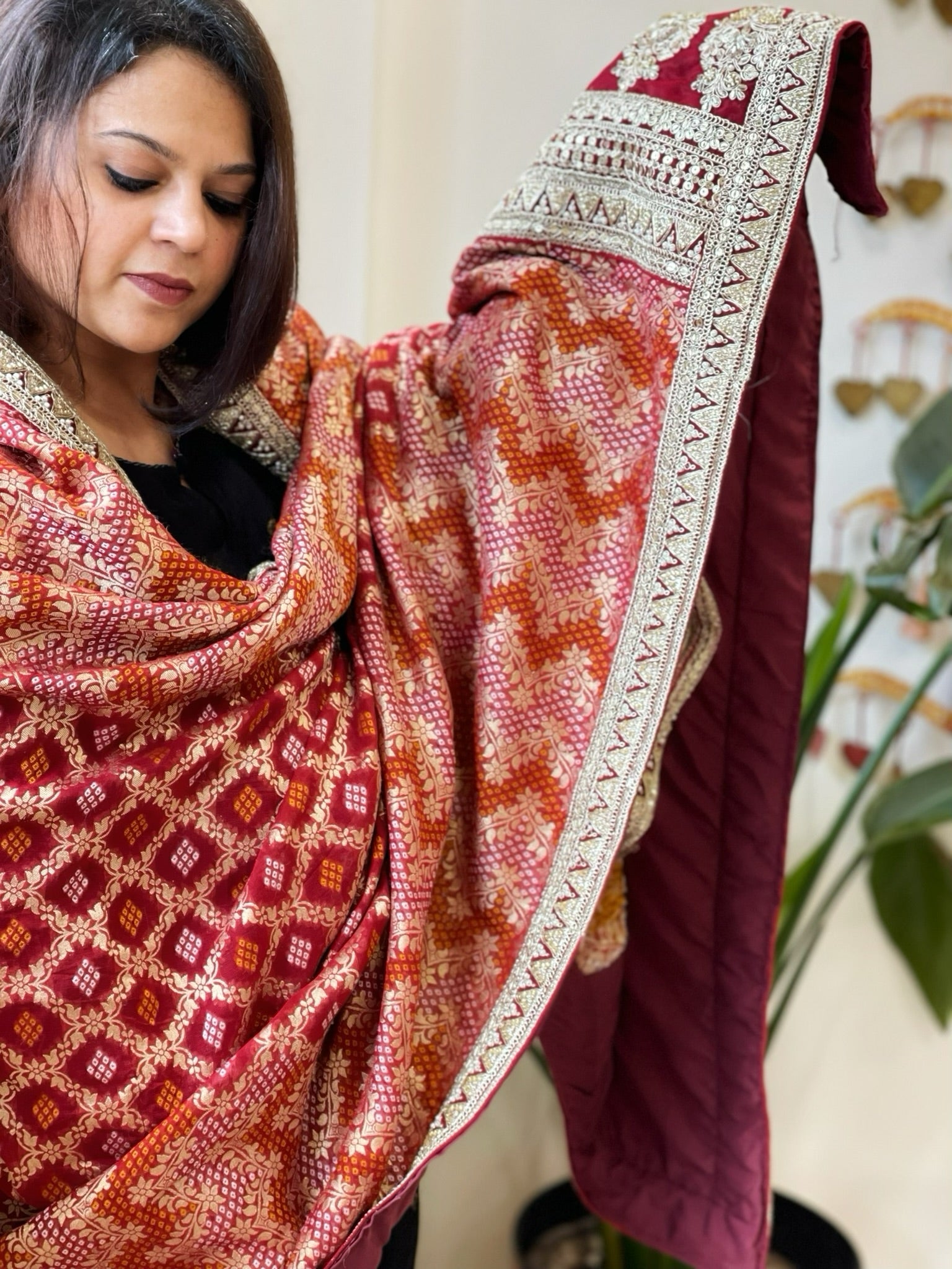 Maroon Woven Bandhej Banarasi Dupatta in Fine Georgette with Zardosi Work - Masakalee