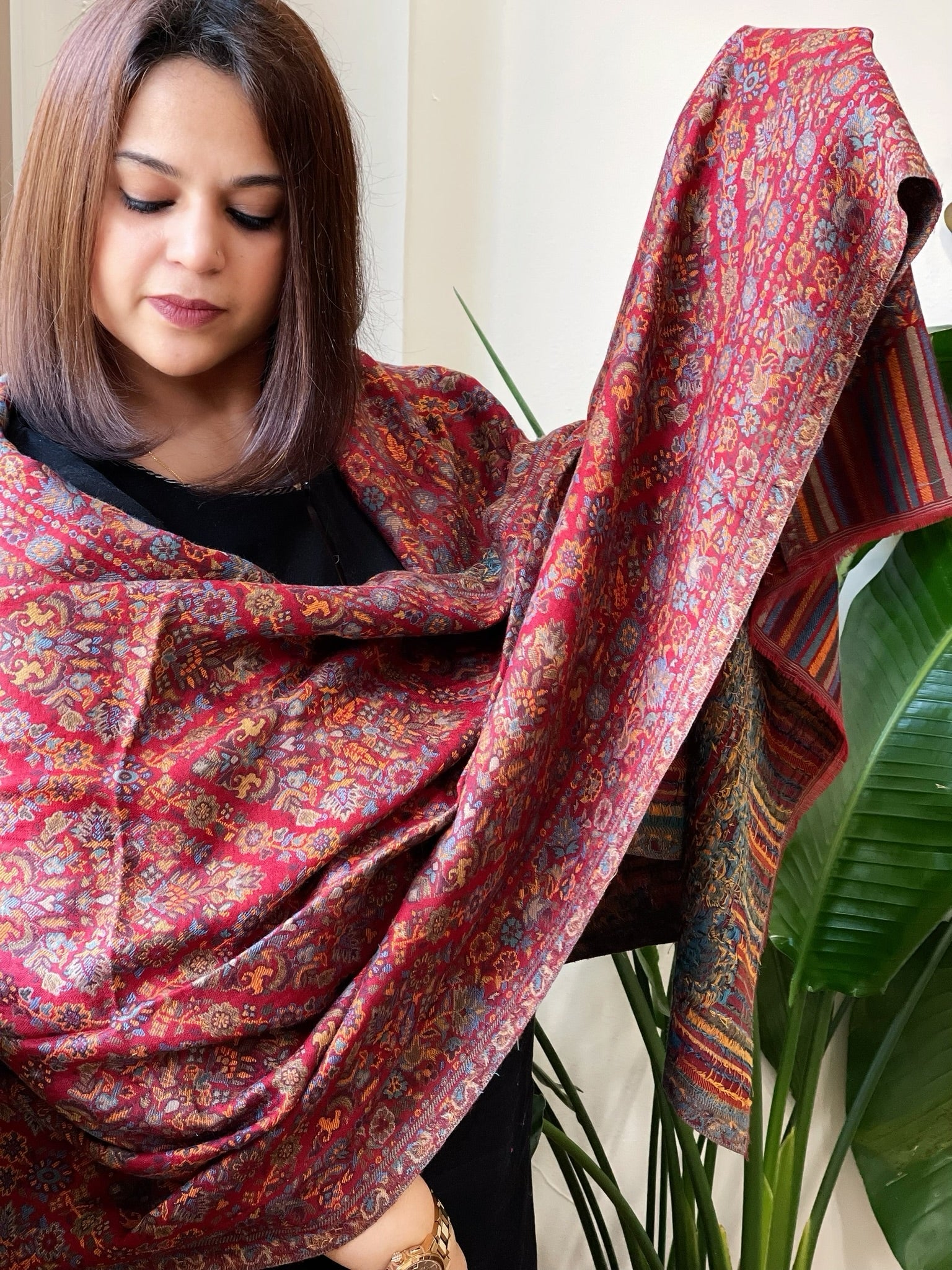 Maroon Woven Kaani Jaal Pashmina Stole - Masakalee