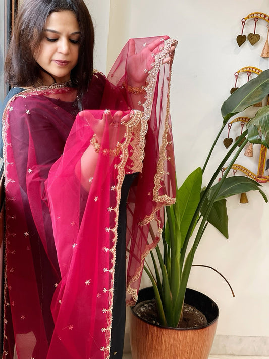 Maroonish Pink Net Dupatta with Pearl, Sequin and Cut Daana Embroidery - Masakalee