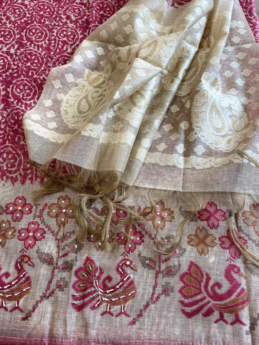 Maroonish Pink Suit Set with Block Print with Jamdani Dupatta in Chanderi - Masakalee