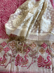 Maroonish Pink Suit Set with Block Print with Jamdani Dupatta in Chanderi - Masakalee