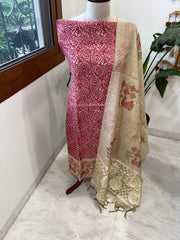 Maroonish Pink Suit Set with Block Print with Jamdani Dupatta in Chanderi - Masakalee