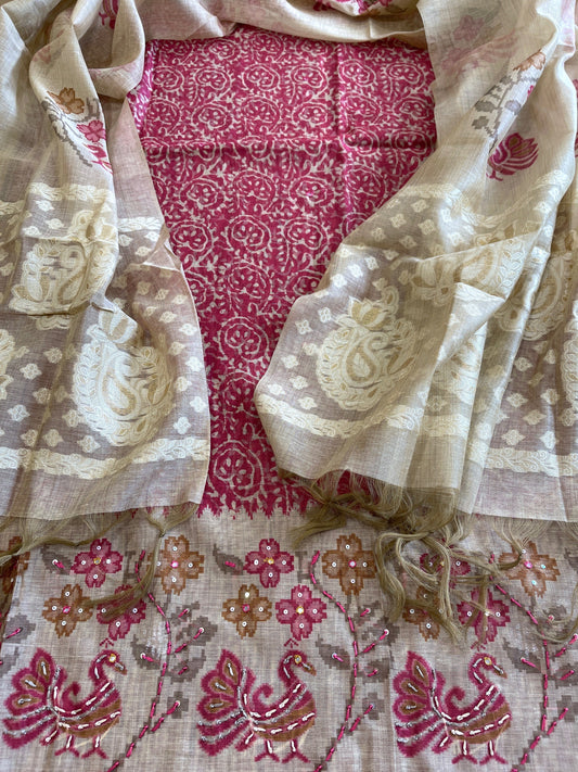 Maroonish Pink Suit Set with Block Print with Jamdani Dupatta in Chanderi - Masakalee
