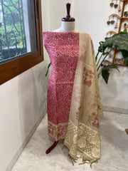 Maroonish Pink Suit Set with Block Print with Jamdani Dupatta in Chanderi - Masakalee