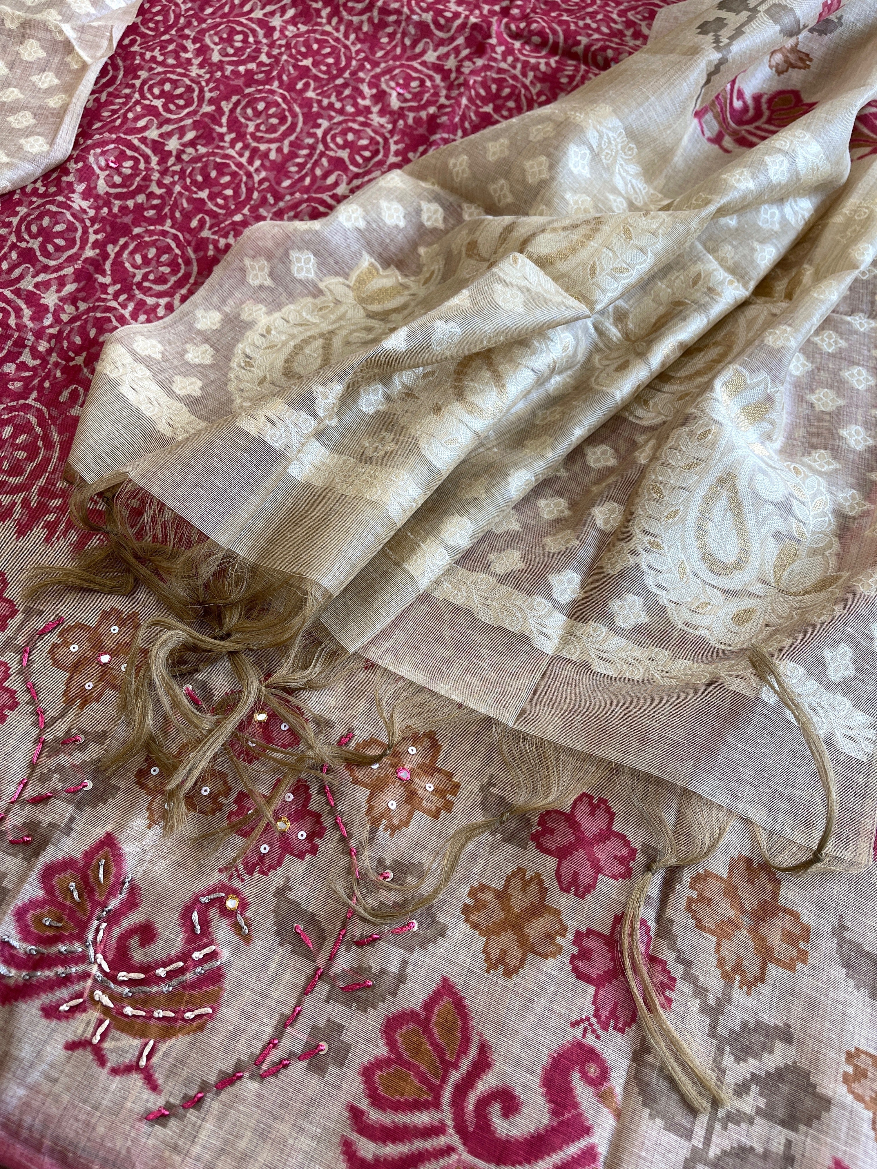 Maroonish Pink Suit Set with Block Print with Jamdani Dupatta in Chanderi - Masakalee