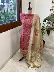 Maroonish Pink Suit Set with Block Print with Jamdani Dupatta in Chanderi - Masakalee