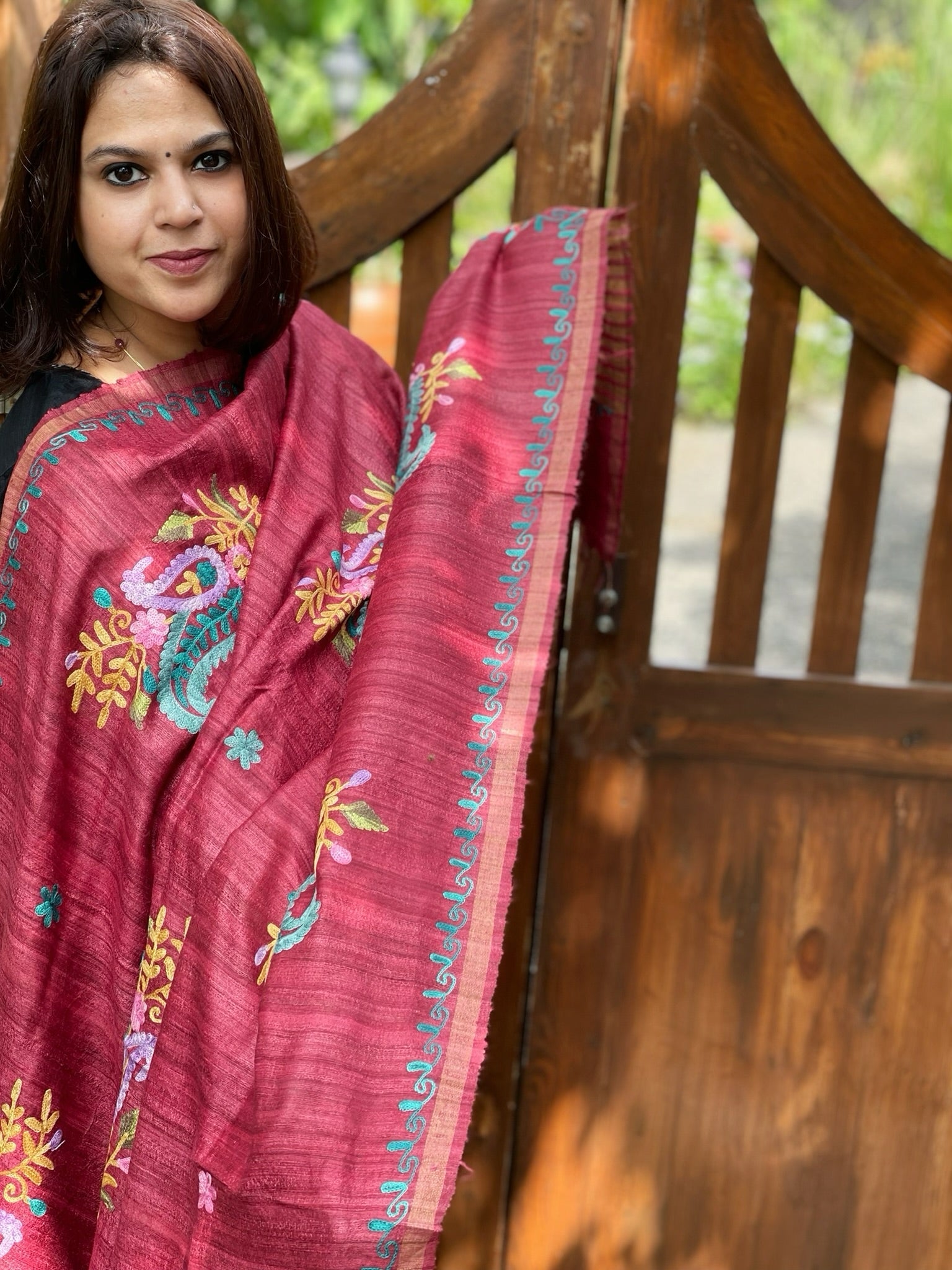 Maroonish Red Kashmiri Aari Embroidered Dupatta in Geecha Silk - Masakalee