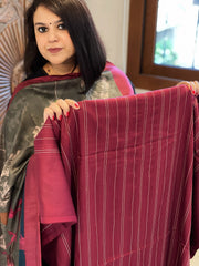 Maroonish Red Suit Set with Kantha Stitch Work on Glazed Cotton - Masakalee