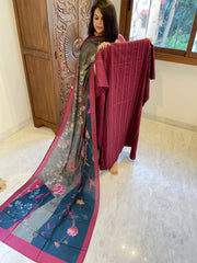 Maroonish Red Suit Set with Kantha Stitch Work on Glazed Cotton - Masakalee
