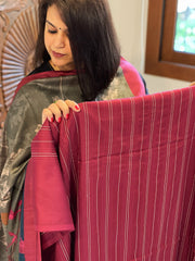 Maroonish Red Suit Set with Kantha Stitch Work on Glazed Cotton - Masakalee