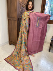 Mauve Dupatta Set (Kurta+Dupatta) with Handblock Print in Pure Tussar Silk - Masakalee