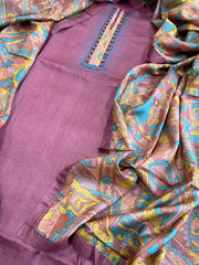 Mauve Dupatta Set (Kurta+Dupatta) with Handblock Print in Pure Tussar Silk - Masakalee