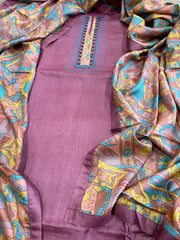 Mauve Dupatta Set (Kurta+Dupatta) with Handblock Print in Pure Tussar Silk - Masakalee