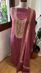 Mauve Pink Winter Suit Set with Aari Work in Pashmina Wool - Masakalee