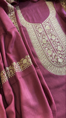 Mauve Pink Winter Suit Set with Aari Work in Pashmina Wool - Masakalee