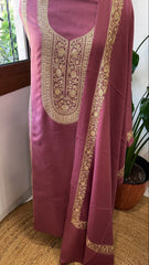 Mauve Pink Winter Suit Set with Aari Work in Pashmina Wool - Masakalee