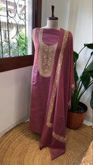 Mauve Pink Winter Suit Set with Aari Work in Pashmina Wool - Masakalee