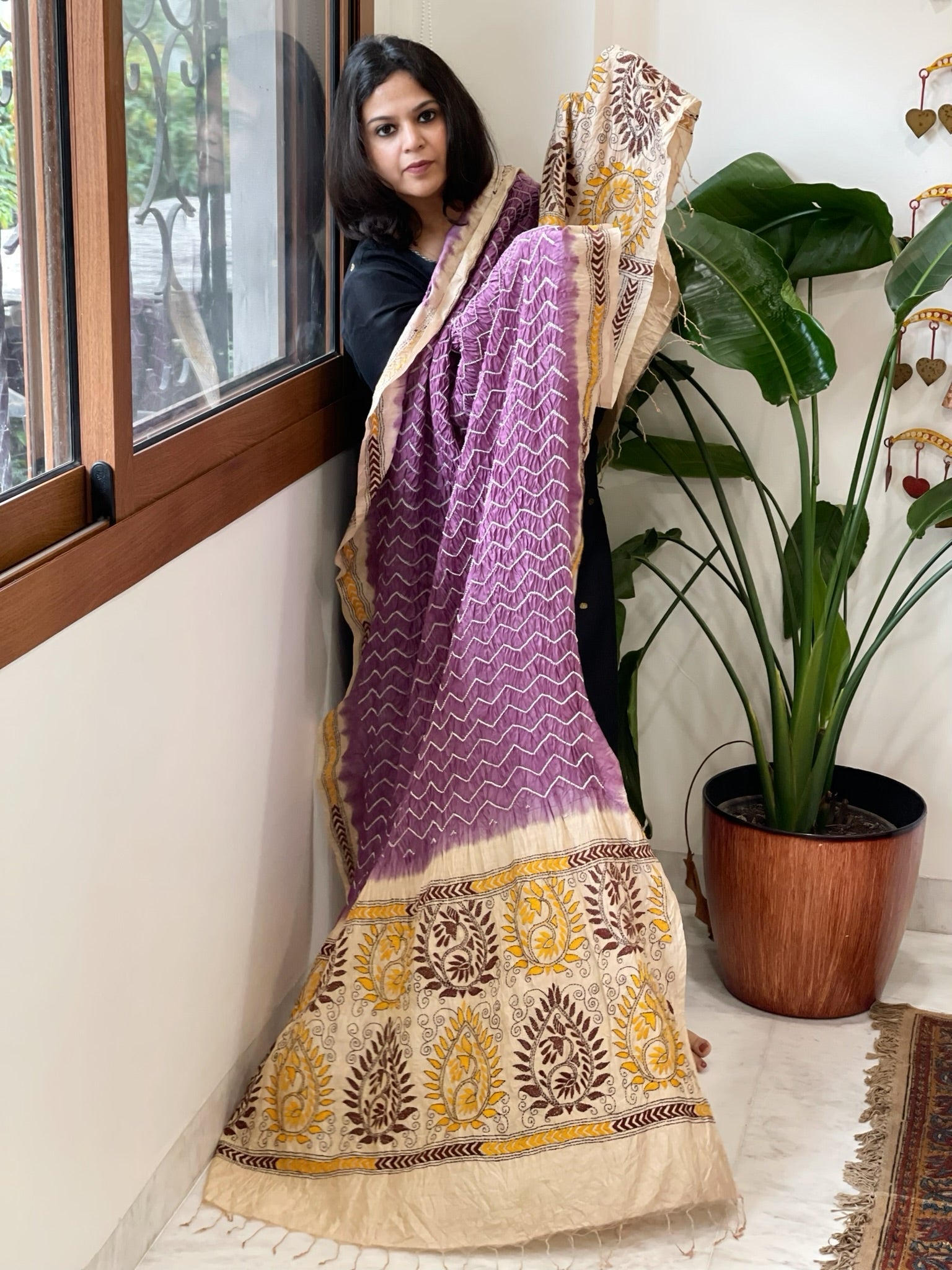 Mauve Rai Bandhej Dupatta with Kantha Handwork in Pure Munga Tussar Silk - Masakalee