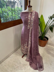 Mauve Suit Set with Parsi Gara Embroidery Dupatta in Mul Cotton - Masakalee