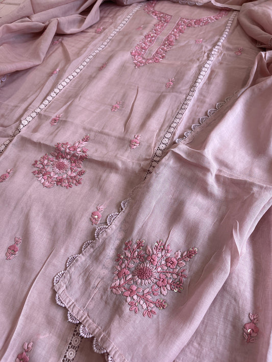 Mauve Suit Set with Sequin ad Knot handwork in Mul Chanderi - Masakalee