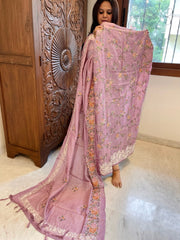 Mauve Suit Set with Thread Embroidery and Parsi Gara Embroidery in Pure Tussar Silk - Masakalee