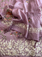 Mauve Suit Set with Thread Embroidery and Parsi Gara Embroidery in Pure Tussar Silk - Masakalee