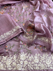 Mauve Suit Set with Thread Embroidery and Parsi Gara Embroidery in Pure Tussar Silk - Masakalee