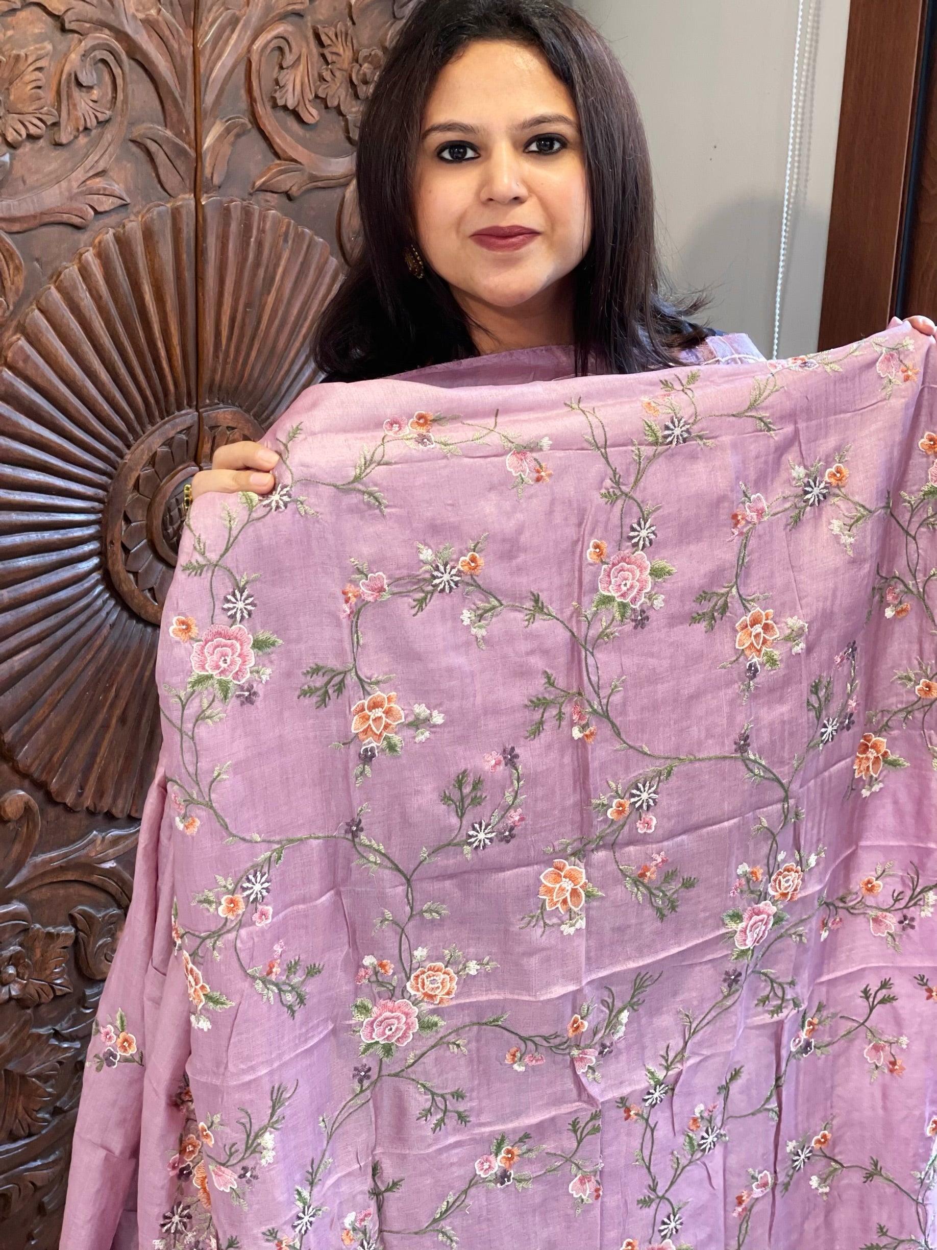 Mauve Suit Set with Thread Embroidery and Parsi Gara Embroidery in Pure Tussar Silk - Masakalee