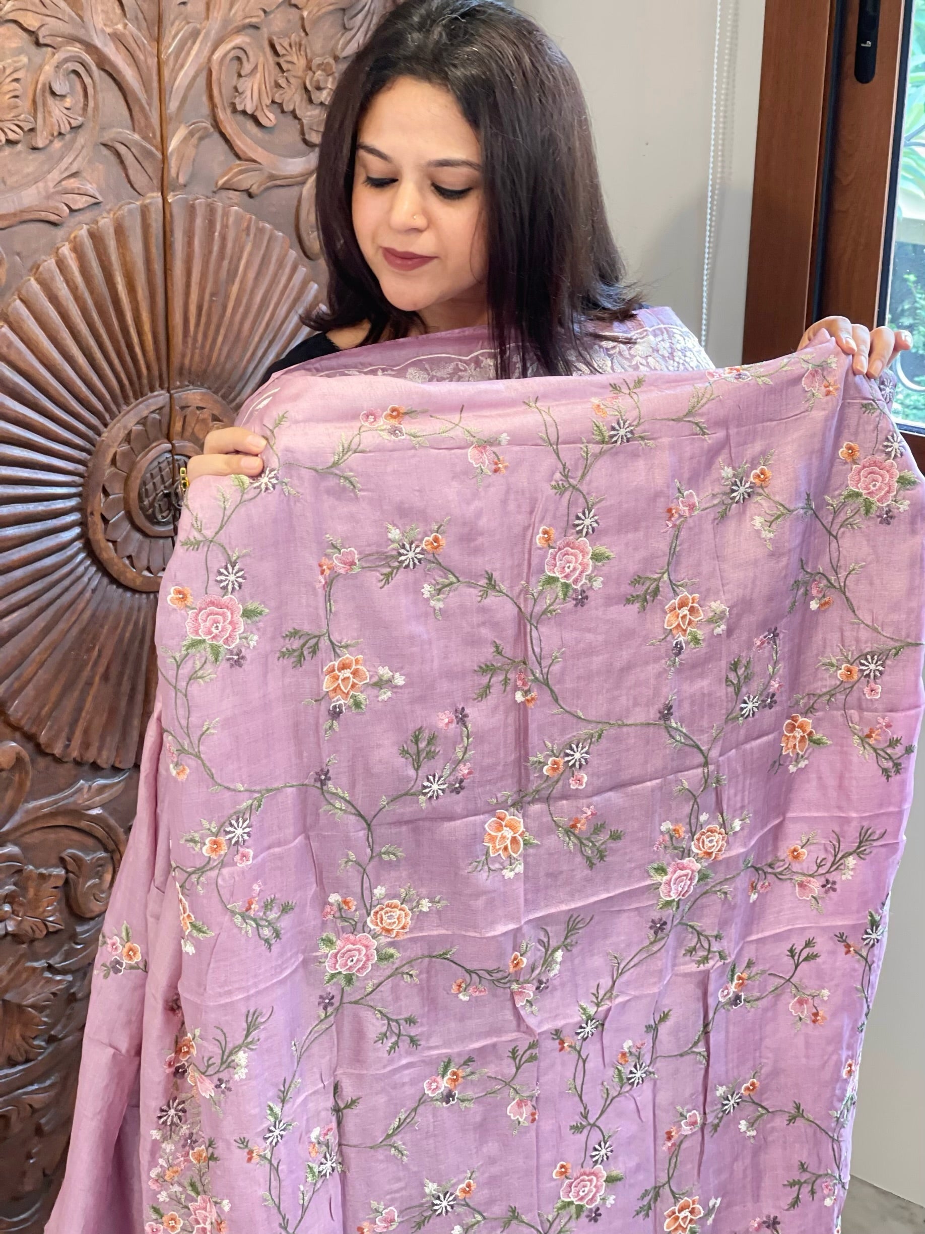Mauve Suit Set with Thread Embroidery and Parsi Gara Embroidery in Pure Tussar Silk - Masakalee