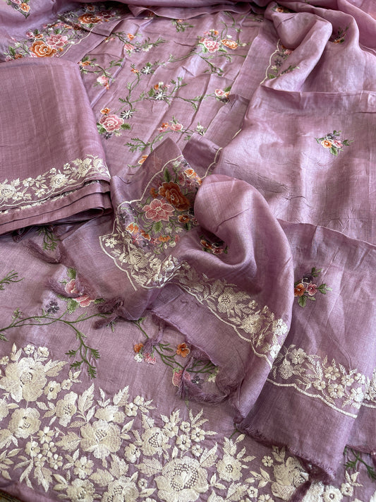 Mauve Suit Set with Thread Embroidery and Parsi Gara Embroidery in Pure Tussar Silk - Masakalee