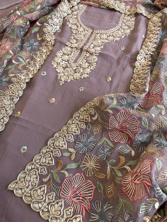 Mauve Suit Set with Thread Embroidery and Pitta Work in Georgette - Masakalee