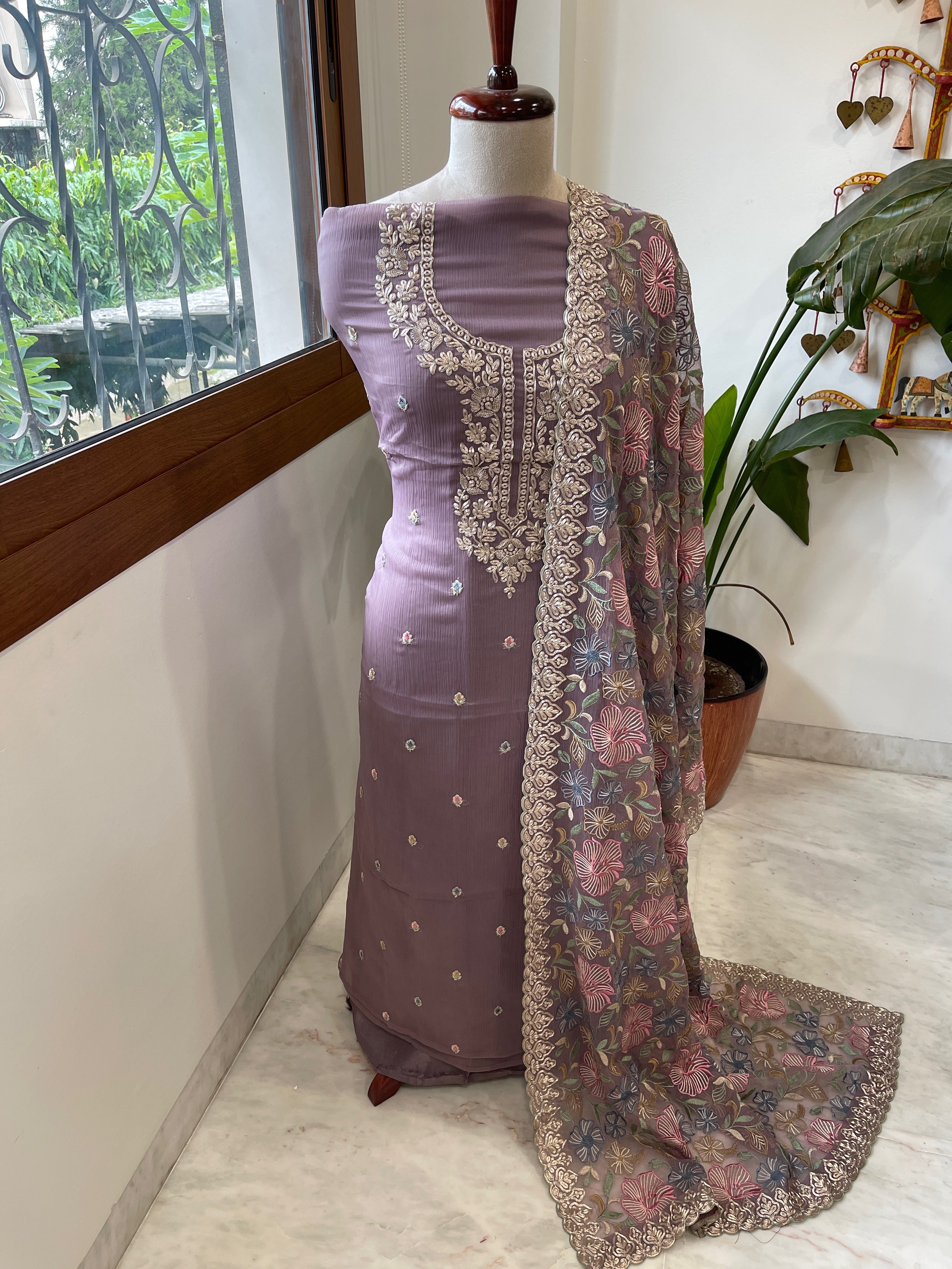 Mauve Suit Set with Thread Embroidery and Pitta Work in Georgette - Masakalee