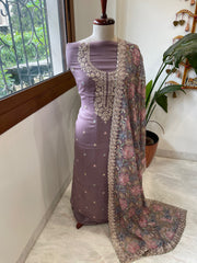 Mauve Suit Set with Thread Embroidery and Pitta Work in Georgette - Masakalee