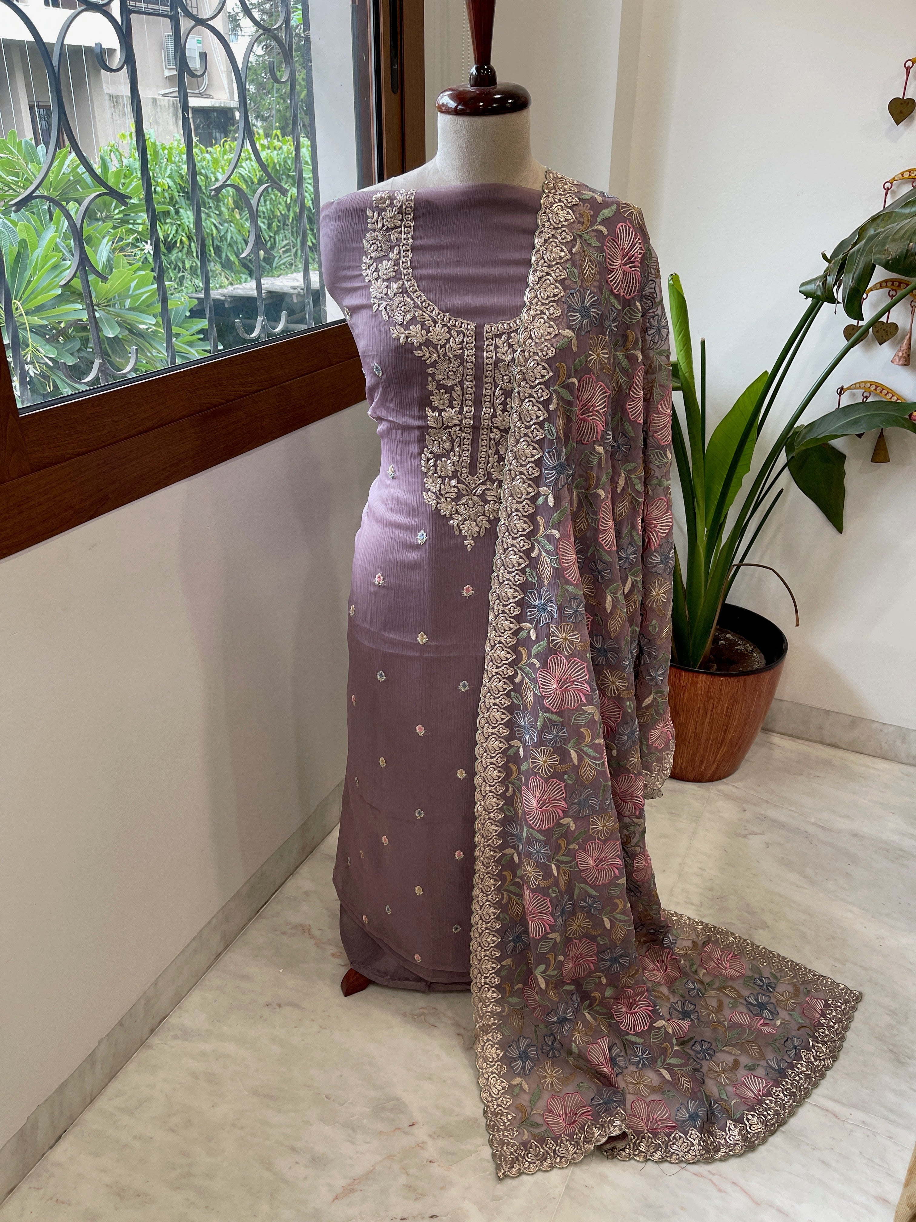 Mauve Suit Set with Thread Embroidery and Pitta Work in Georgette - Masakalee