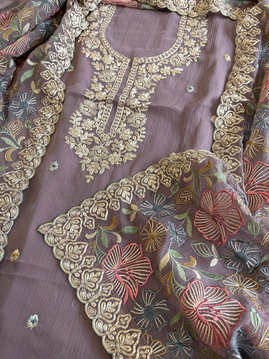 Mauve Suit Set with Thread Embroidery and Pitta Work in Georgette - Masakalee