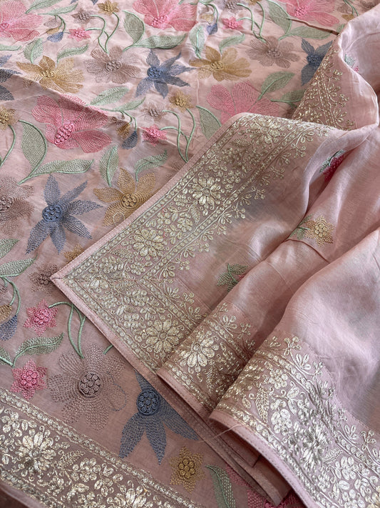 Mauve Suit Set with Thread Embroidery in Mul Cotton - Masakalee