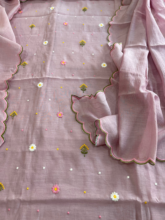Mauve Suit Set with Thread Embroidery in Pure Mul - Masakalee