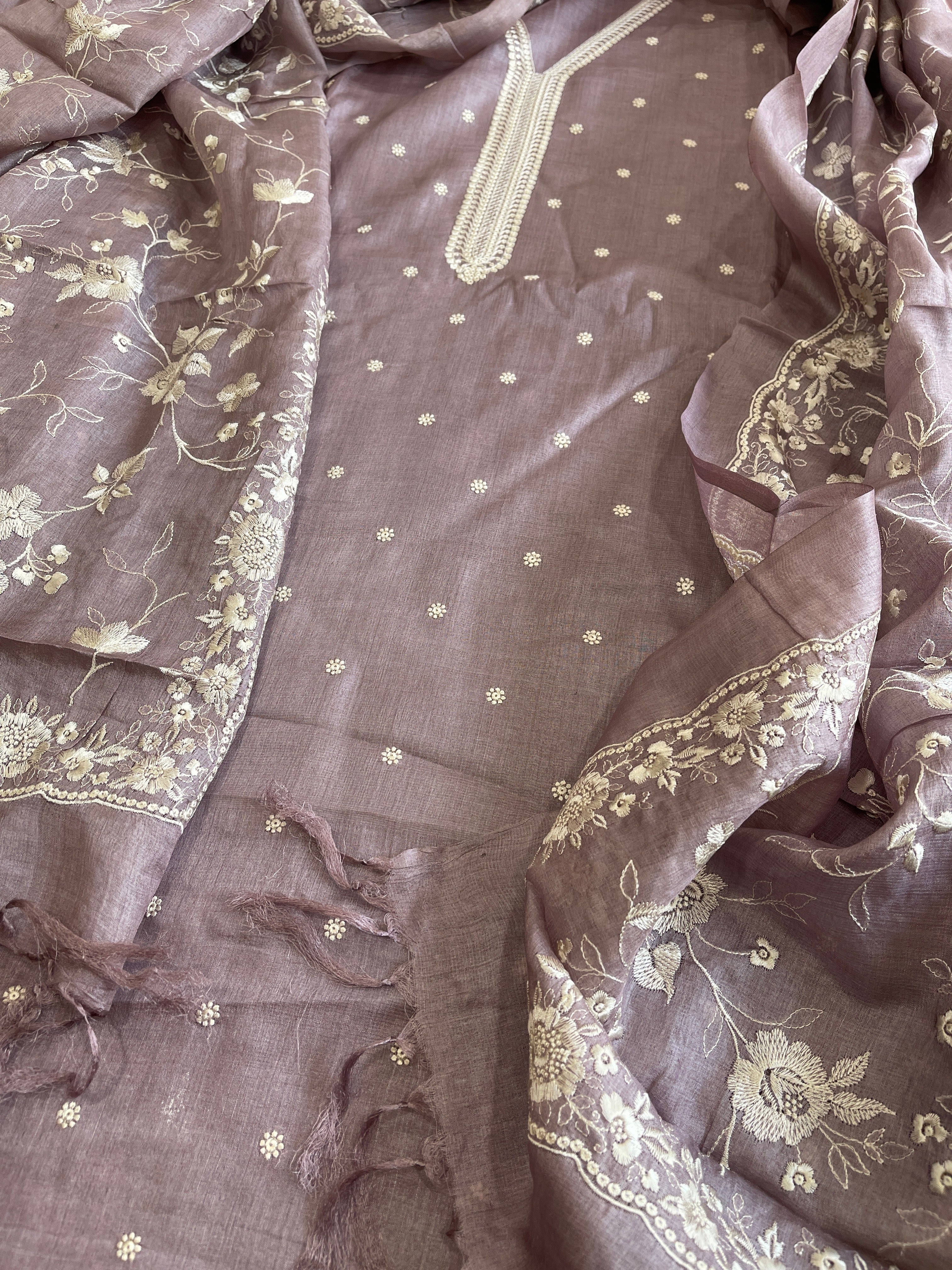 Mauve Suit Set with Thread Embroidery in Pure Tussar Silk - Masakalee