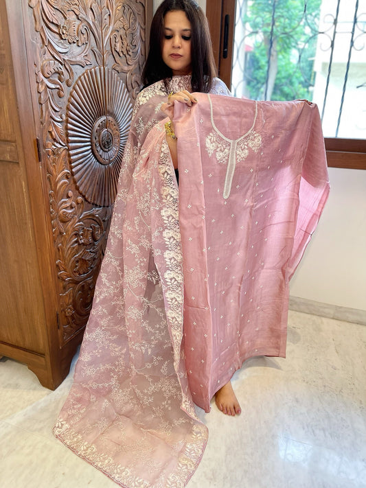 Mauve Suit Set with Thread Embroidery in Pure Tussar Silk - Masakalee
