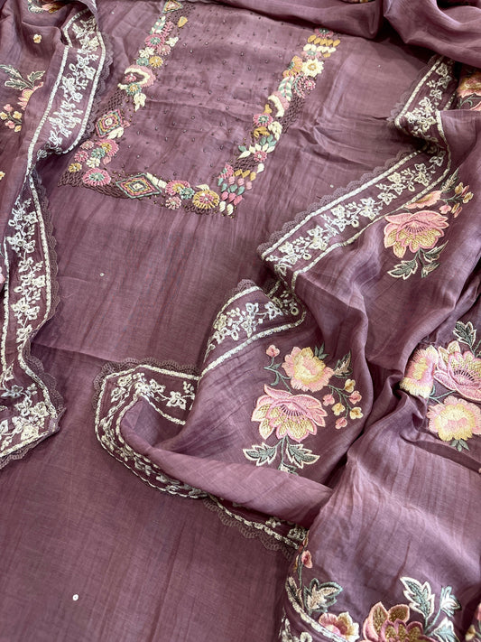 Mauve Suit Set with Thread Handwork and Parsi Gara Dupatta in Mul Cotton - Masakalee