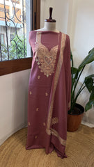 Mauve Winter Suit Set with Aari Work in Pashmina Wool - Masakalee