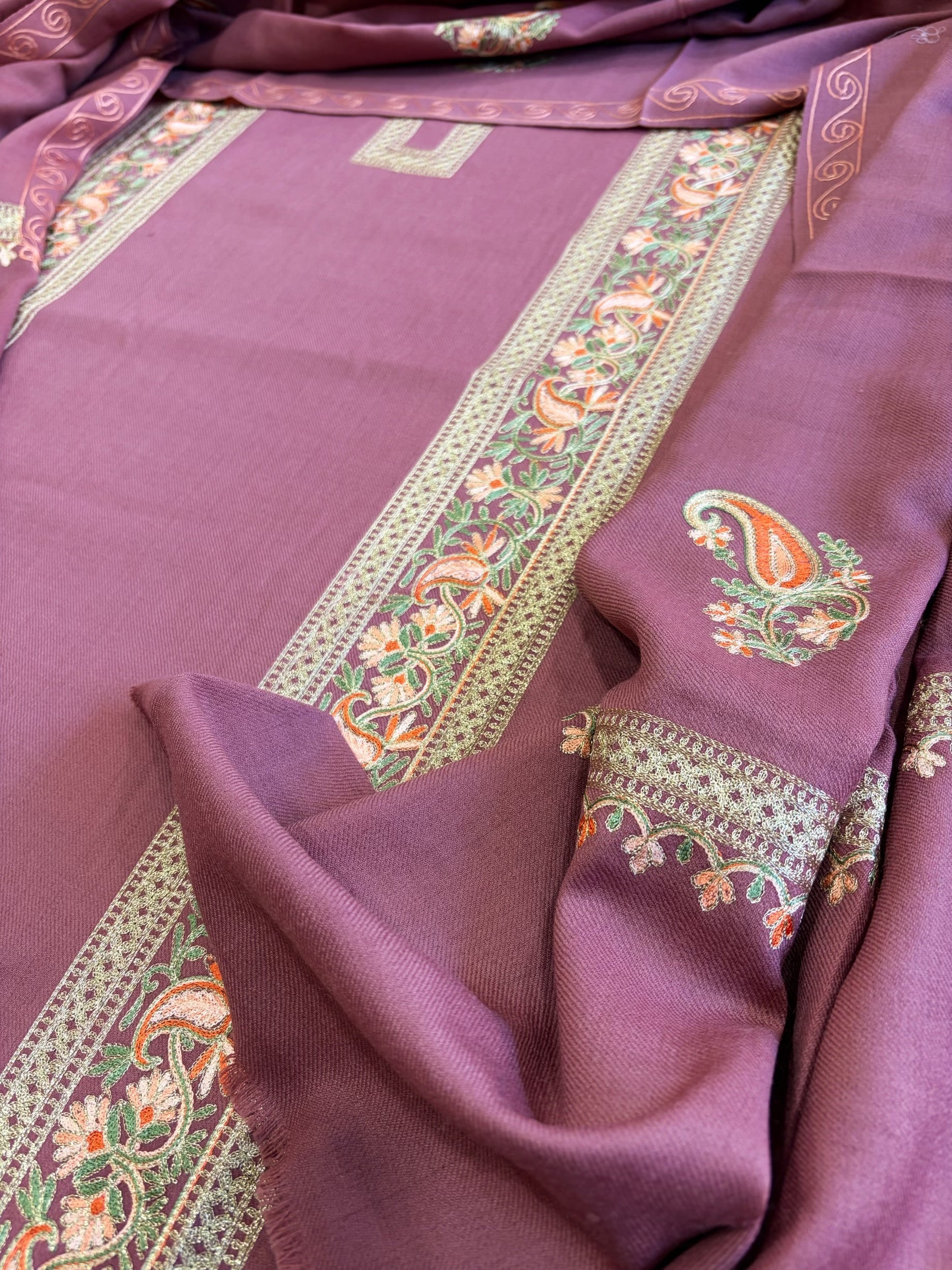 Mauve Winter Suit Set with Aari Work in Pashmina Wool - Masakalee