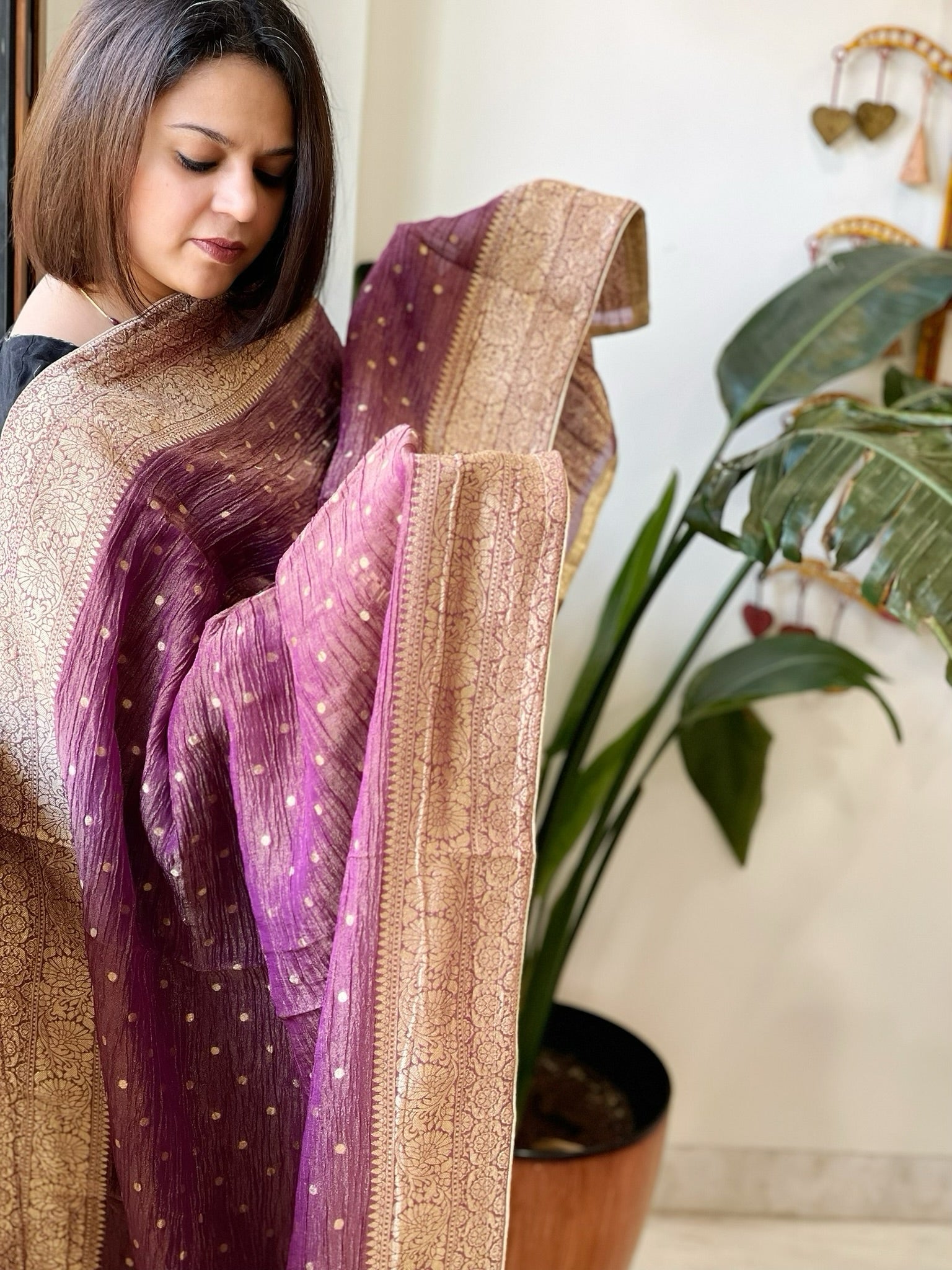 Mauve Woven Banarasi Dupatta in Tissue - Masakalee
