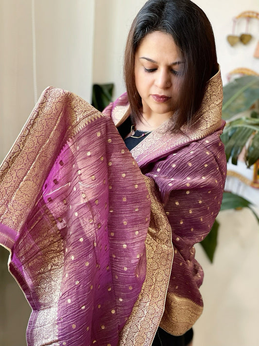 Mauve Woven Banarasi Dupatta in Tissue - Masakalee