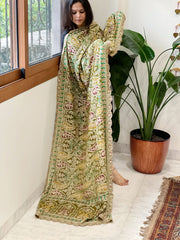 Mehendi Green Chinon Dupatta with Aari Embroidery - Masakalee