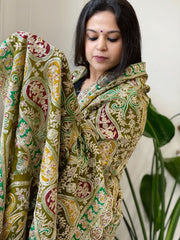 Mehendi Green Chinon Dupatta with Aari Embroidery - Masakalee