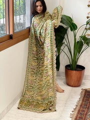 Mehendi Green Chinon Dupatta with Aari Embroidery - Masakalee