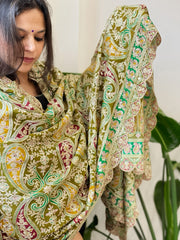 Mehendi Green Chinon Dupatta with Aari Embroidery - Masakalee