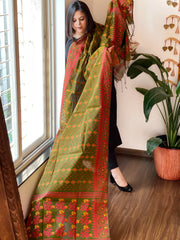 Mehendi Green Handwoven Jamdani Dupatta in Pure Muslin - Chanderi - Masakalee