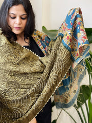 Mehendi Green Rai Bandhej Dupatta with Handpainted Kalamkari Pallu in Pure Muga Silk - Masakalee